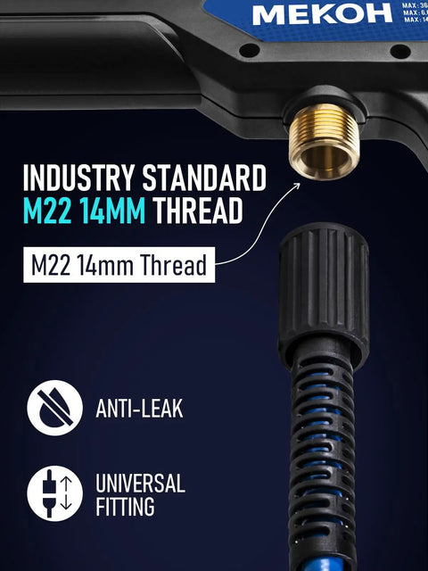 Close-up of Beefy Universal Pressure Washer Gun With Stainless Extension Replacement Wand showing M22 14mm thread fitting.