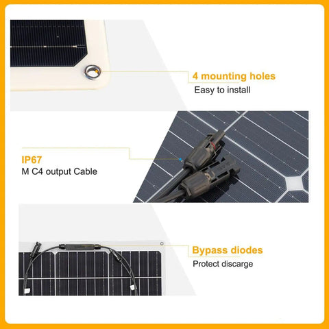 Ultimate 200W Solar Panel Kit For RV Boat Cabin Car Trailer With 12V System Flexible 100W Monocrystalline Panels details with cables