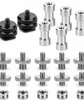 Badass 22 Piece Camera Mount Screw And Adapter Set With 1/4 To 3/8 Tripod Reducers and Hot Shoe Mounts For DSLR SLR Cameras, black and silver screws, heavy-duty aluminum material.