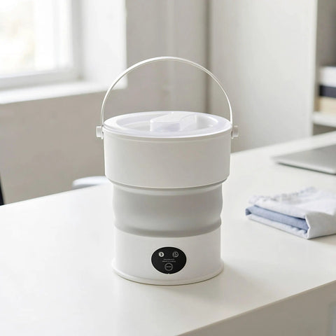 Sweet Compact Folding Mini Washing Machine Portable Travel Washer For Socks Underwear And Delicates Quick Rinse Auto Drain Straight Up Compact Design For Dorms on a table.