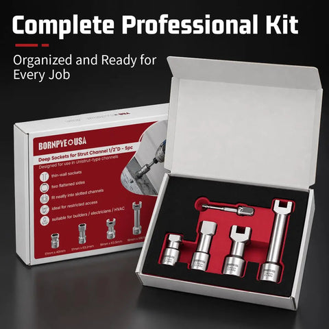 Heavy Duty Five Piece Strut Channel Socket Set For One Half Inch Drive With Quick Change Adapter in organized kit with sockets.