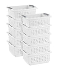 10 Pack Medium Stacking Baskets With Open Top For Grab And Go Storage White Plastic Crates stacked in two columns