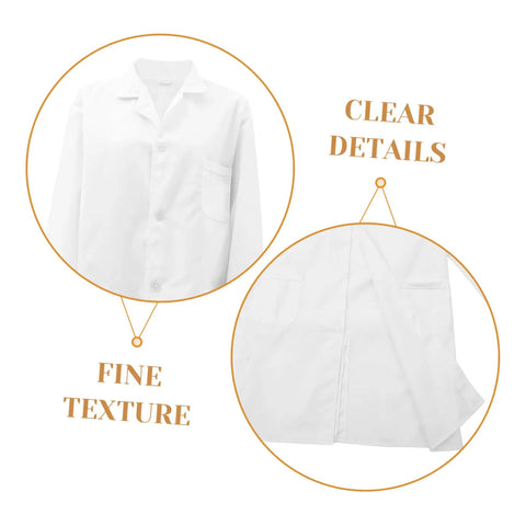 Close-up of Men's White Lab Coat With Long Sleeves Doctor Uniform For Medical Students And Professionals highlighting texture and details.