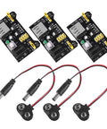 Kickstart Your Prototypes With This Straight Up Dope 3.3V 5V MB102 Breadboard Power Supply Module With No Fuss Toggle Switch And Battery Cable Perfect For Arduino Tinkering Smooth Operation Always On Tap Pack Of Three featuring three black power supply modules and battery cables.