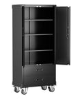 71.7 Inch Metal Storage Cabinet Built Tough With Locking Doors, Two Drawers, Adjustable Shelves, Mobile Wheels, Black Finish