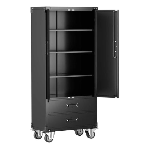 71.7 Inch Metal Storage Cabinet Built Tough With Locking Doors, Two Drawers, Adjustable Shelves, Mobile Wheels, Black Finish