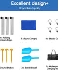 Components of Beach Tent Sun Shelter 10x10ft Portable Shade Canopy UPF50 Sun Protection: poles, canopy, cords, stakes, bag, shovels.