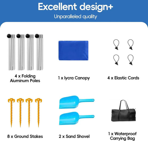 Components of Beach Tent Sun Shelter 10x10ft Portable Shade Canopy UPF50 Sun Protection: poles, canopy, cords, stakes, bag, shovels.