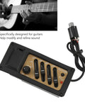 Acoustic Guitar Preamp With 4 Band EQ Equalizer Onboard Pickup System In Wood Grain Finish Prewired Easy Install shown with guitar