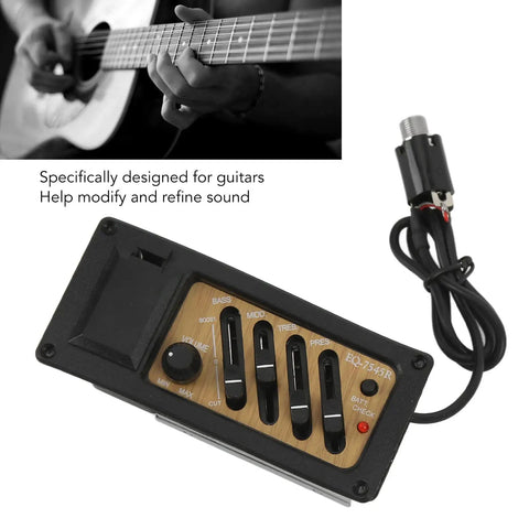 Acoustic Guitar Preamp With 4 Band EQ Equalizer Onboard Pickup System In Wood Grain Finish Prewired Easy Install shown with guitar