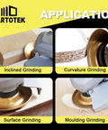 Pro Quality Wood Carving Grinding Disc And Cup Wheel For Angle Grinders shown in inclined, curvature, surface, and moulding grinding applications.
