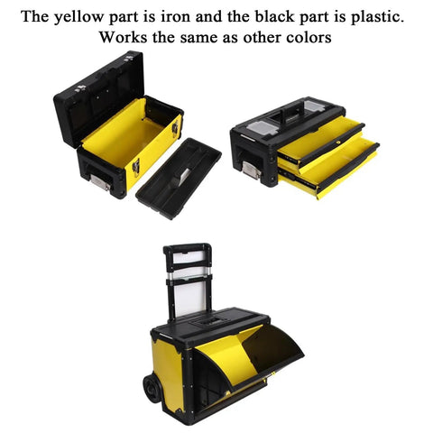 Portable Rolling Toolbox With 3 Tier Stackable Design Detachable Sections 50kg Load Capacity Freely Configurable Trolley Toolbox For Garage Warehouse And Repair Shop On The Go Organization, yellow and black metal-plastic with drawers open