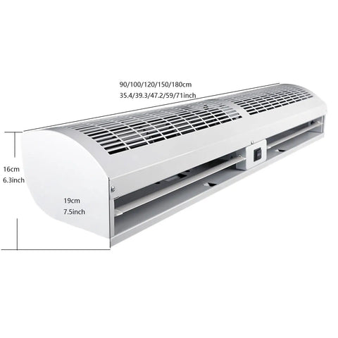 Rock Solid Silent Commercial Air Curtain For Storefront Entry Wall Mounted Heavy Duty Energy Saving Airflow Barrier Temperature Control No Hassle Operation Top Shelf Build Quality Up To Seventy One Inches Long in white.