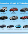 Graphic showing various electric vehicles compatible with J1772 models, including Jeep, Chevrolet, Honda, Nissan, Audi, and more.