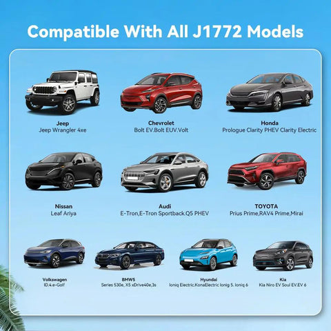 Graphic showing various electric vehicles compatible with J1772 models, including Jeep, Chevrolet, Honda, Nissan, Audi, and more.