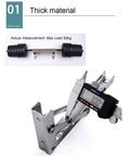 Industrial Grade Folding Angle Brackets with caliper measuring thickness, showcasing strong stainless steel construction for shelf support.