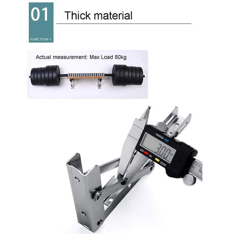 Industrial Grade Folding Angle Brackets with caliper measuring thickness, showcasing strong stainless steel construction for shelf support.