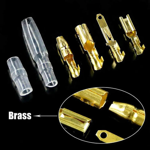 Detailed view of brass terminals from 700 Pcs Car And Motorcycle Wire Terminal Connector Kit 2.8mm 2 3 4 6 9 Pin Male And Female Automotive
