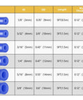Blue Silicone Vacuum Hose Kit For Cars, size chart showing 6 sizes, 128 pieces, 5 ft each, with inner diameters 1/8 to 3/8 inch.