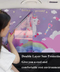 Baby Safe Car Sun Shade With Double Opening Side Window Coverage For A Private Ride Five Layer UV Blocking Mesh 3D Carbon Weave Interior Curtain Sunblock Unicorn Design Easy Install 1 Pack shown in use on side window with unicorn design visible.