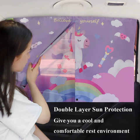 Baby Safe Car Sun Shade With Double Opening Side Window Coverage For A Private Ride Five Layer UV Blocking Mesh 3D Carbon Weave Interior Curtain Sunblock Unicorn Design Easy Install 1 Pack shown in use on side window with unicorn design visible.