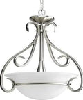Sleek Torino Collection 3 Light Foyer Pendant in Brushed Nickel with etched white glass bowl and scroll arm design, semi flush mount