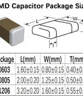 Diagram showing SMD Capacitor Package Size for All In One Smd Capacitor And Resistor Kit With 2460 Pieces, sizes 0603, 0805, 1206