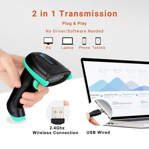 Versatile Wireless And USB 2.0 1D Laser Barcode Scanner With Battery Level Indicator And All Day Battery Life