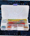 Complete Breadboard Jumper Wire Kit With 560 Piece Solderless Cables In Multicolored Assorted Lengths Plus Sturdy Storage Box open with assorted colors of wires.