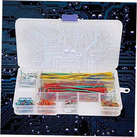 Complete Breadboard Jumper Wire Kit With 560 Piece Solderless Cables In Multicolored Assorted Lengths Plus Sturdy Storage Box open with assorted colors of wires.