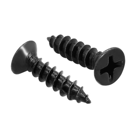 Premium Black Flat Head Phillips Wood Screws, 100 Pack Carbon Steel Fasteners, Size 8 By Five Eighth Inch, showing two screws.