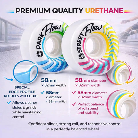 Flow Skate Park Roller Skate Wheels 89A Street For Street Park Ramps And Bowls Set Of 4 with low bite edge, 58x32mm