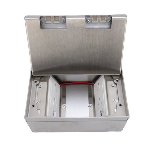 Heavy Duty Recessed Floor Electrical Outlet Kit Offering Slick Concealed Flush Mount Installation And Smooth Lever Action For Zero Sweat Power Access Anytime You Need It, open stainless steel box with electrical components and wiring.