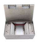 Recessed Floor Electrical Outlet Kit With Concealed Flat Layout For Clean Line Decor showing open lid, metal casing, and interior sockets.
