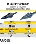 Step Drill Bit 14 Double Fluted 3/16 to 7/8 Inch with Easy Read Step Markings and Targets, 3/8 Inch Hex Shank, AlTiN Coating