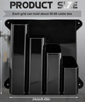Heavy Duty Wall Mount Zip Tie Organizer Rack with aluminum construction, four-pocket cable holder dispenser in black for workshops