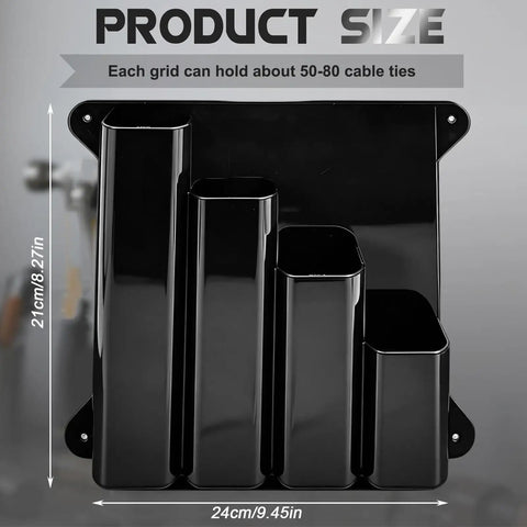 Heavy Duty Wall Mount Zip Tie Organizer Rack with aluminum construction, four-pocket cable holder dispenser in black for workshops