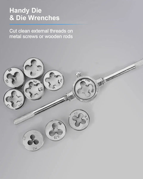 Pro Grade Beefy Metric Tap And Die Set M2 To M18 Rethreading Kit with die wrench and dies for threading, 45 steel.