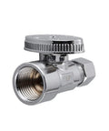 Built Like A Tank Lead Free Brass Water Angle Stop Valve Two Pack 1/2 Inch FIP To 3/8 Inch OD Compression Quarter Turn Chrome Shut Off Fitting close-up side view.