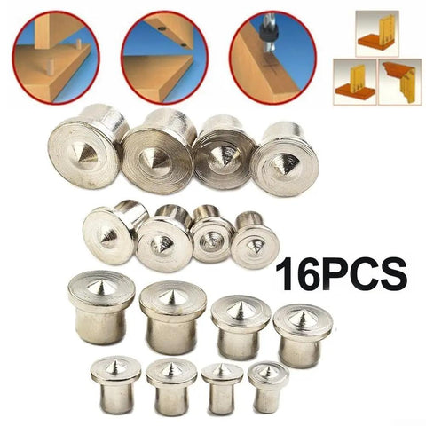 16-piece dowel center marker set with solid and hollow tips for precise tenon and dowel hole alignment in timber