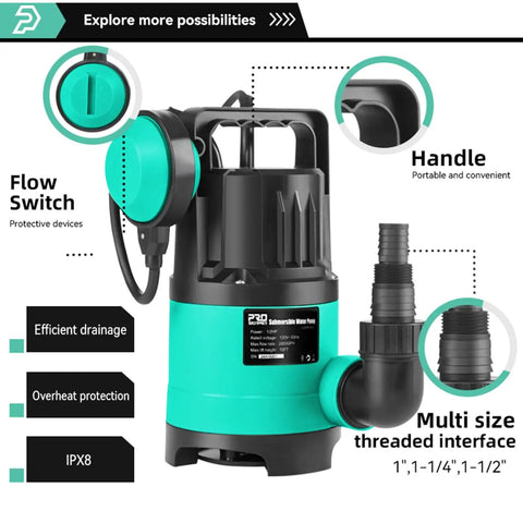 Heavy Duty Sump Pump 2000GPH Submersible Water Pump With One Half HP Auto Float Switch, IPX8, multiple thread sizes shown