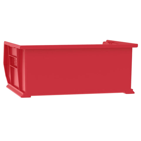 Heavy Duty Red Plastic Storage Bins 18 Pack With 15 By 16 By 7 Inch size, stackable crate for garage organization.