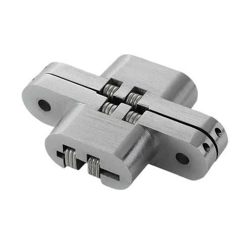 Killer Two Pack Hidden Door Hinges Forged From Premium 304 Stainless Steel And Zinc Alloy For A Totally Concealed Cabinet Finish and Rock Solid Smooth Hinging Action That Wins Every Room, showing hinge detail.