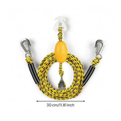 Heavy Duty Marine Tow Line With Pulley And Auto Adjust Bungee Dock Rope for Boaters Tow Dock and Water Sports, yellow and black.