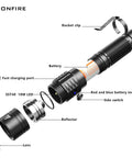 Exploded view of 2000 Lumen LED Flashlight with preinstalled rechargeable battery, showing rocket clip and USB-C port.
