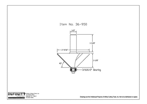 Diagram of Heavy Duty Mega Chamfer Router Bit with dimensions noted, including 1/2 inch shank, carbide tip, 2-9/16 inch cutting diameter
