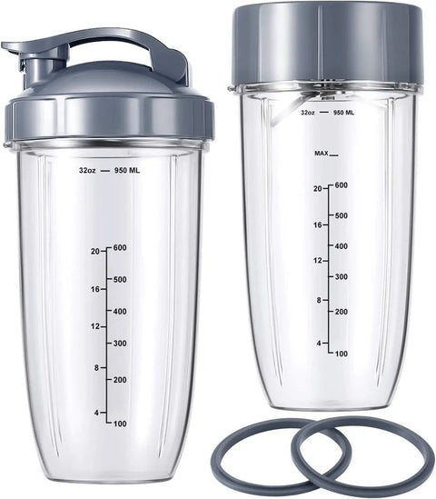 32 Oz Blender Cup Replacement Set With Flip Top To Go Lid Lid Ring And Premium Extractor Blade Fits 600W And Pro 900W High Speed Blenders BPA Free Cups And Stainless Steel Blades, two cups with lids and rings