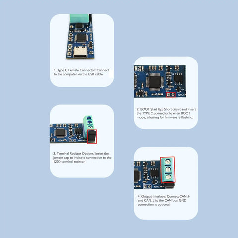 Diagram showing USB To CAN Module Type C Power Supply Converter For CAN 2point0A 2point0B FD Protocol Bus Analyzer V2 With LED Indicator, labeled features.