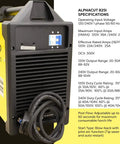 Dual Voltage Plasma Cutter 60 Amp Kit For Home Or Shop With Pilot Arc Torch, 110V And 220V, Clean Cuts Up To Seven Eighths Inch, Pro Grade Complete Kit Included image showing control panel and specifications.