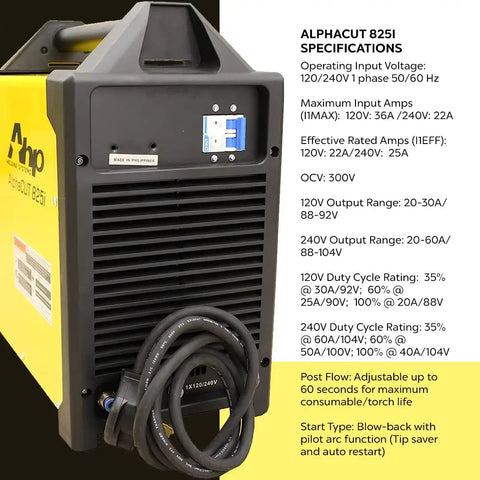 Dual Voltage Plasma Cutter 60 Amp Kit For Home Or Shop With Pilot Arc Torch, 110V And 220V, Clean Cuts Up To Seven Eighths Inch, Pro Grade Complete Kit Included image showing control panel and specifications.